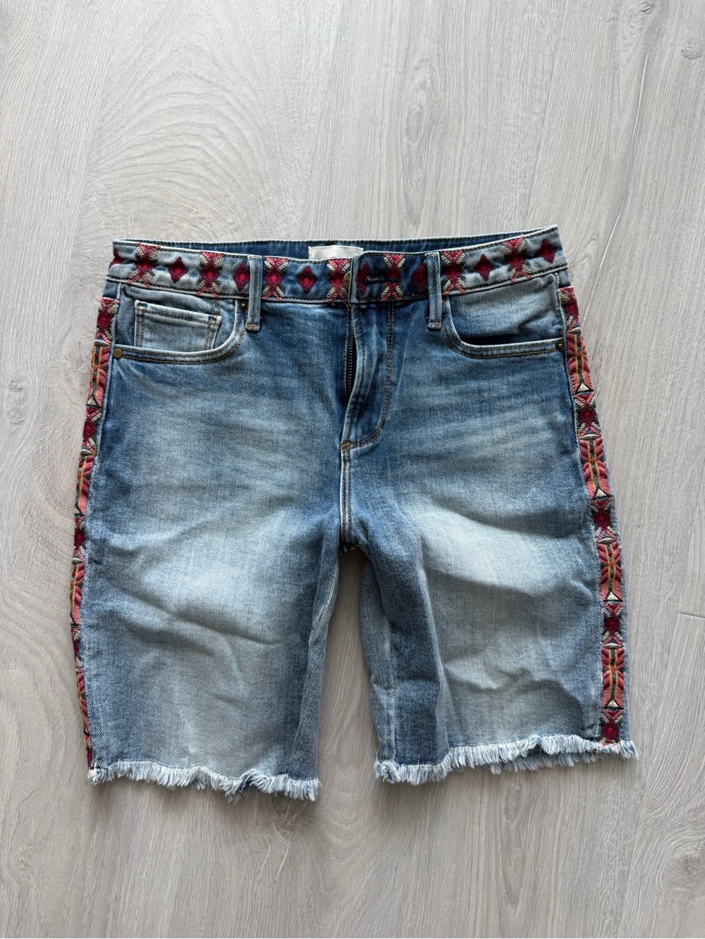 Driftwood Women’s Blue Denim Shorts with Red Embroidered Trim